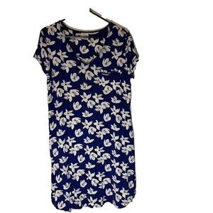 Soma Cozycore Blue/White/Red Floral Prnt Round V-Neck Short Sleeve Sleep Shirt M